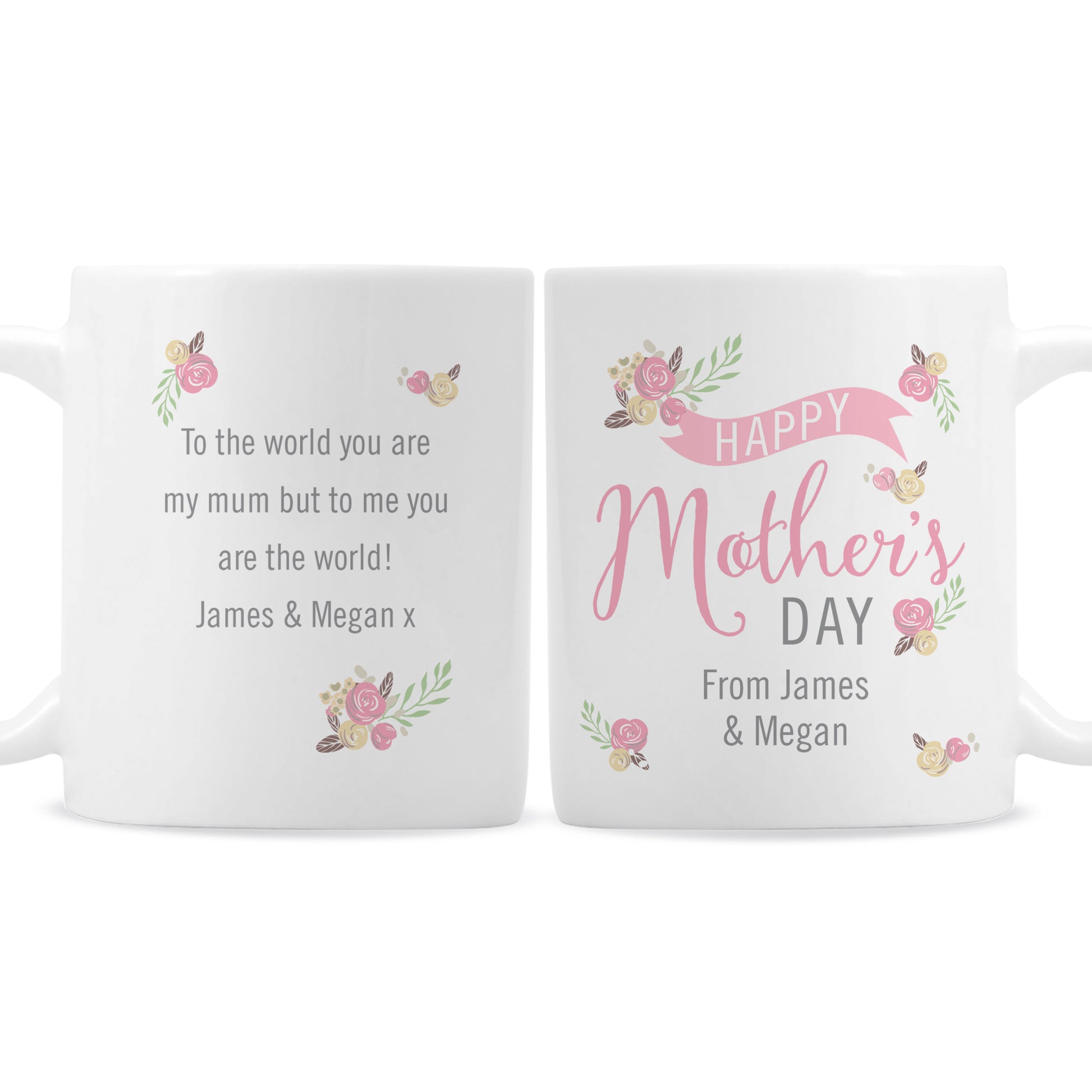 Two white mugs with floral designs and Mother's Day messages on a white background