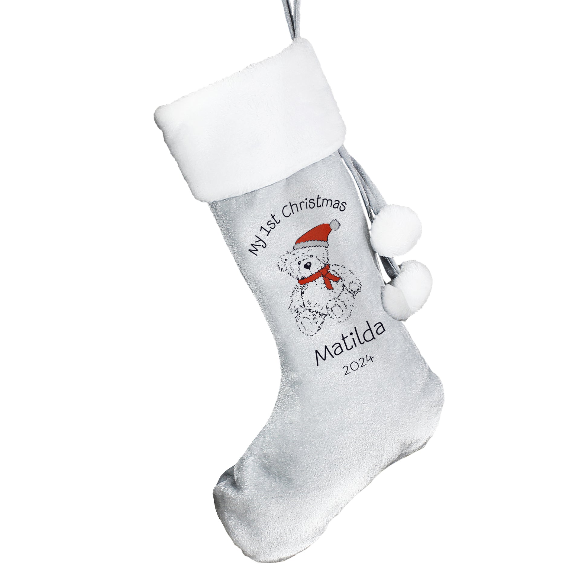 Gray Christmas stocking with white top and bear design, personalised with text, on a white background.