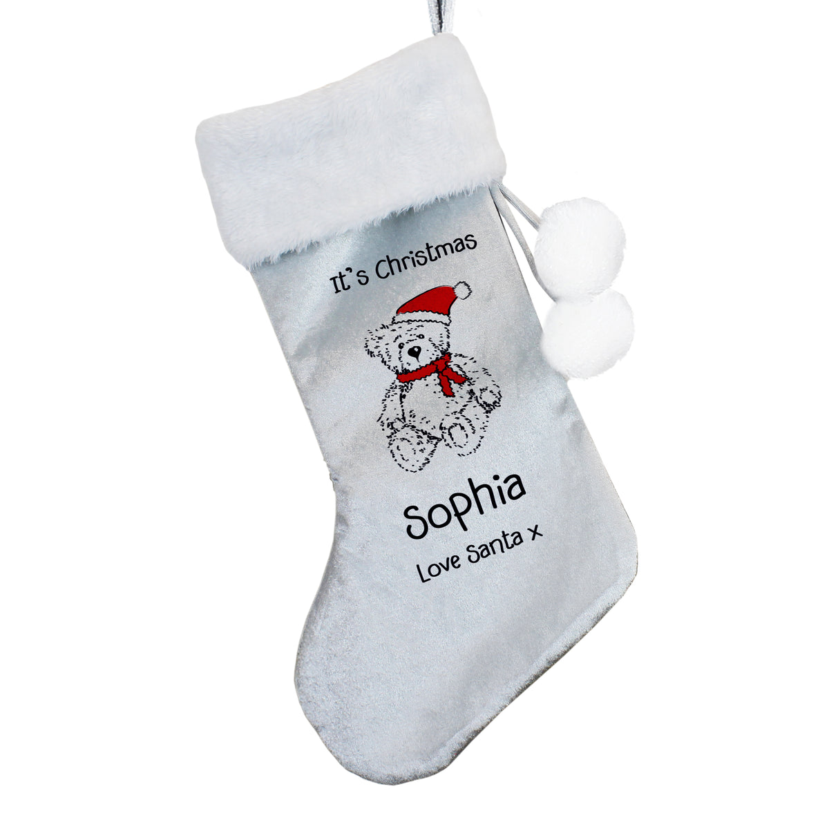 Personalised Christmas stocking with teddy bear design and text on a white background
