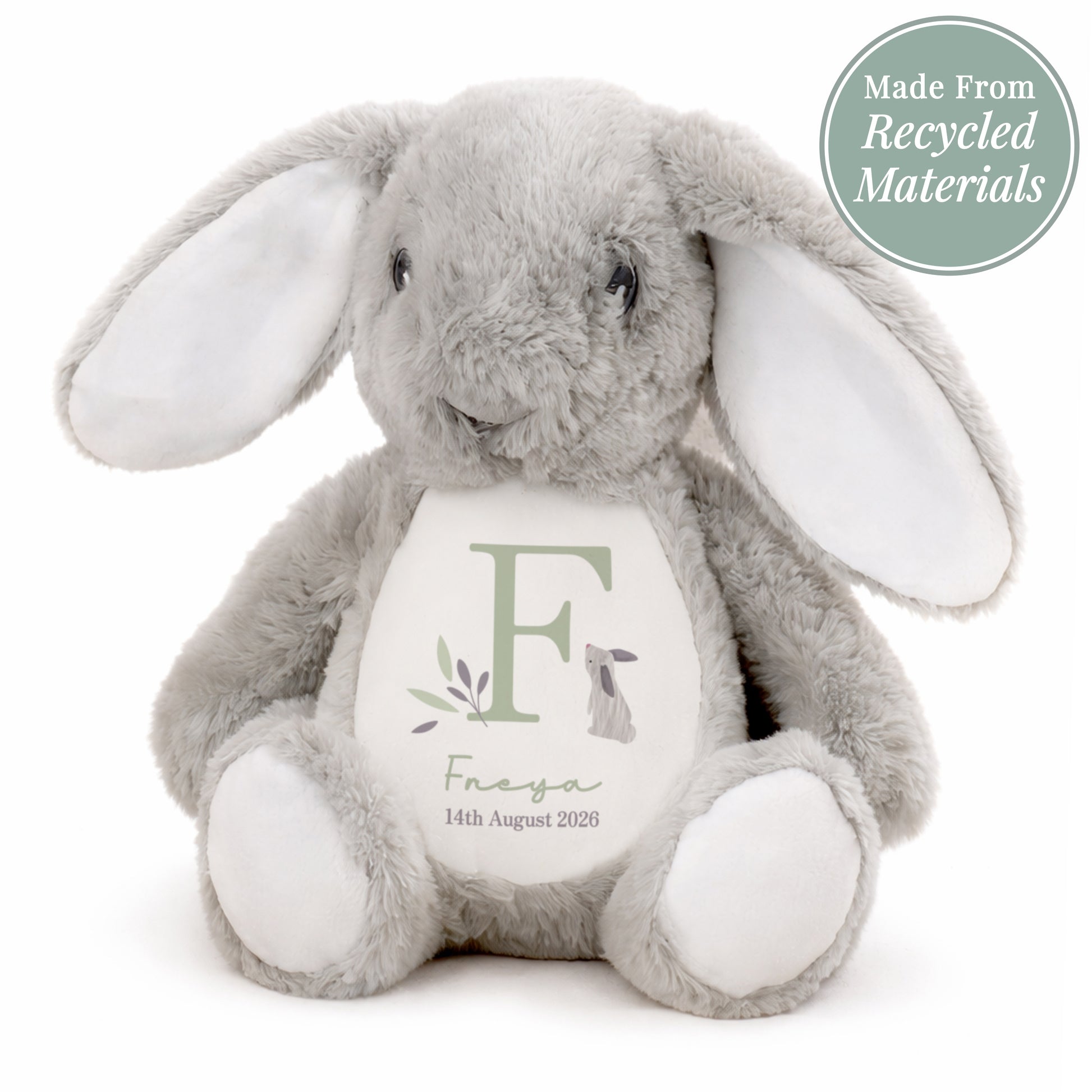 Grey plush bunny with a white belly featuring text and branding on a white background