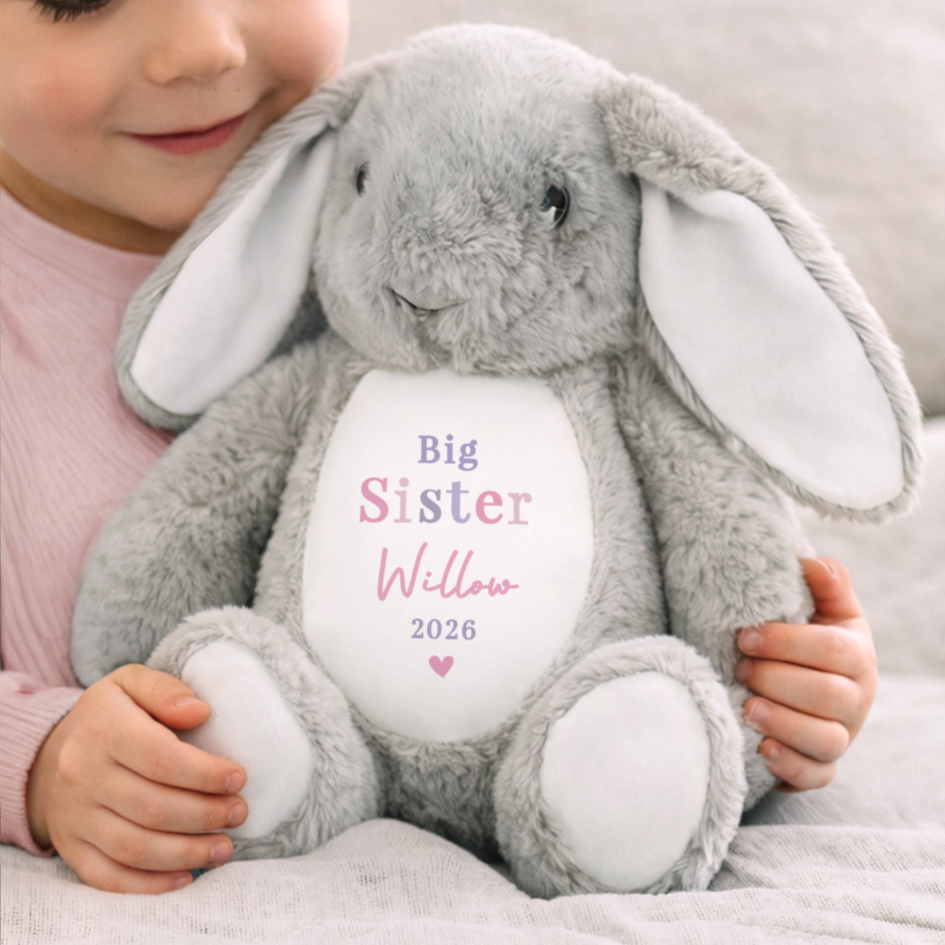 Child holding a grey plush bunny with 'Big Sister Willow 2026' text