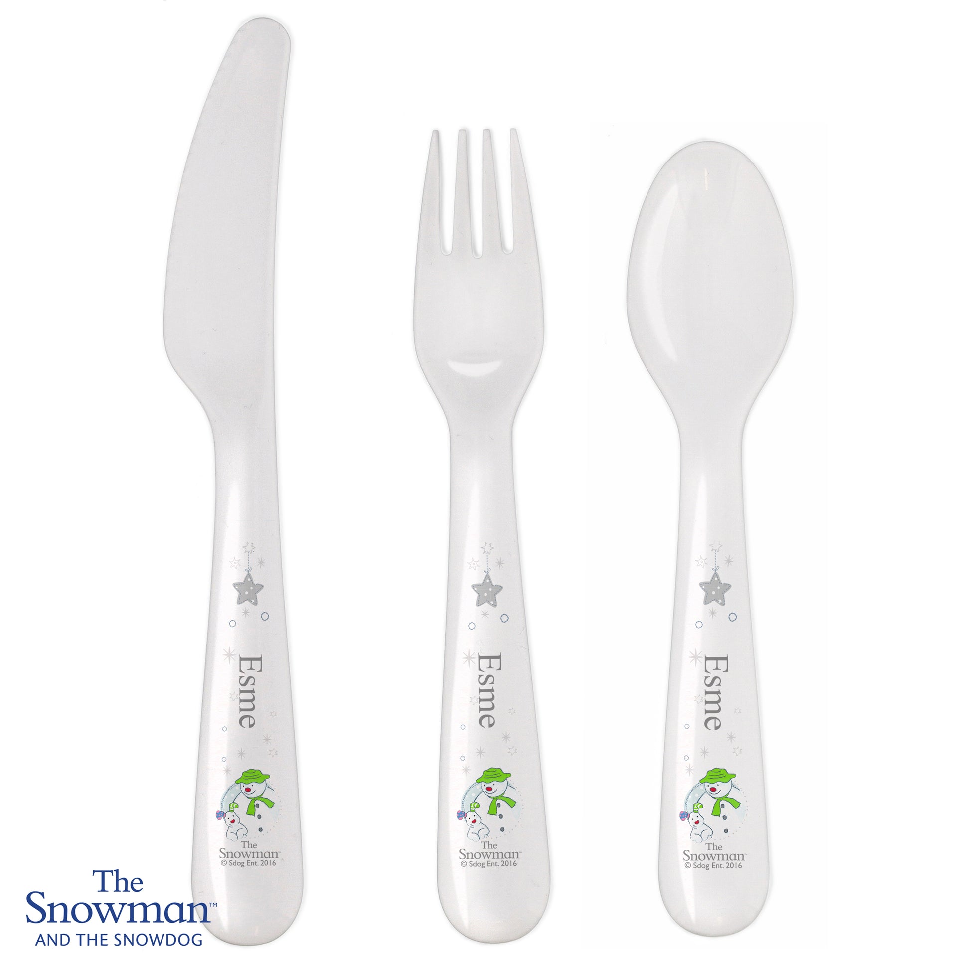 Children's cutlery set with 'The Snowman' design on a white background