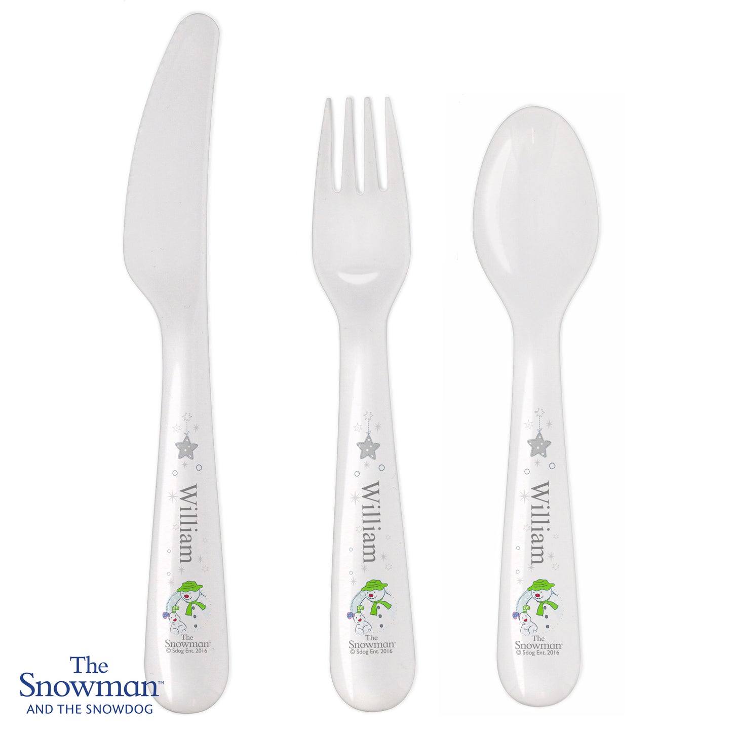 Set of white cutlery with 'The Snowman and the Snowdog' design on a white background