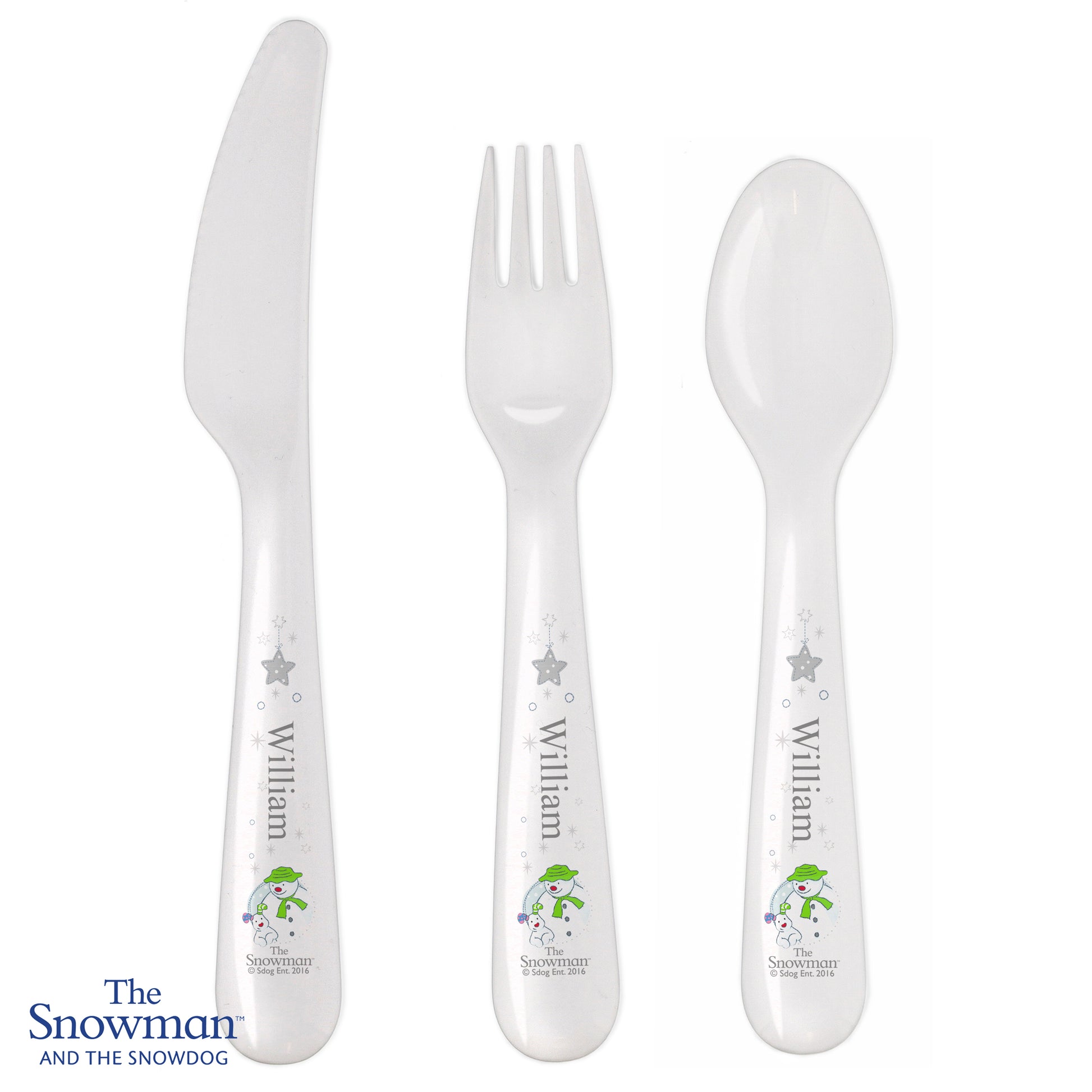 Set of white cutlery with 'The Snowman and the Snowdog' design on a white background