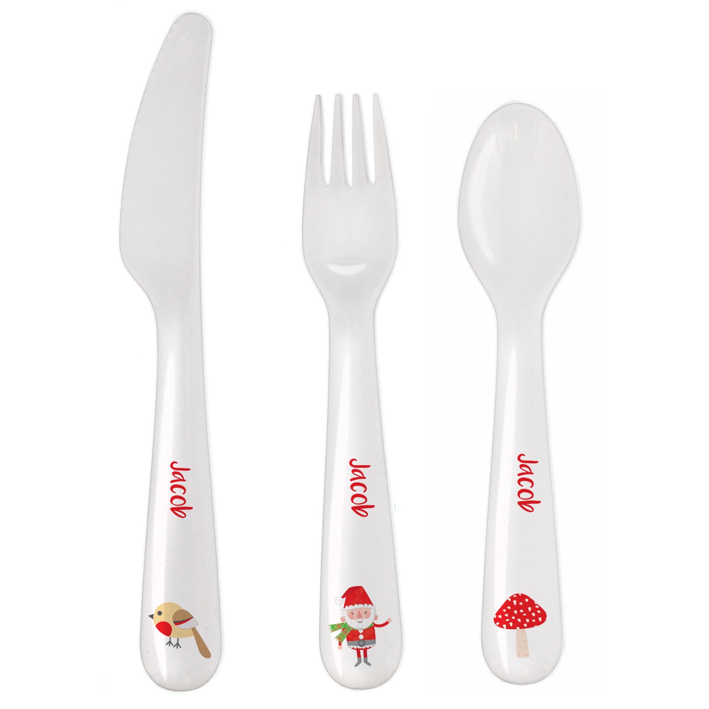 Set of white cutlery with personalized designs on a white background