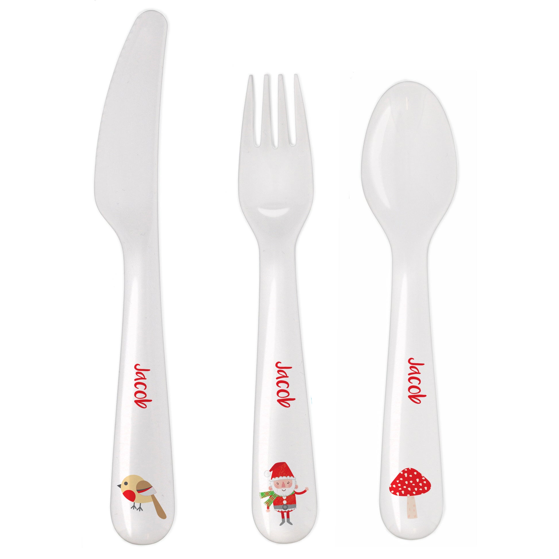 Set of white cutlery with personalized designs on a white background