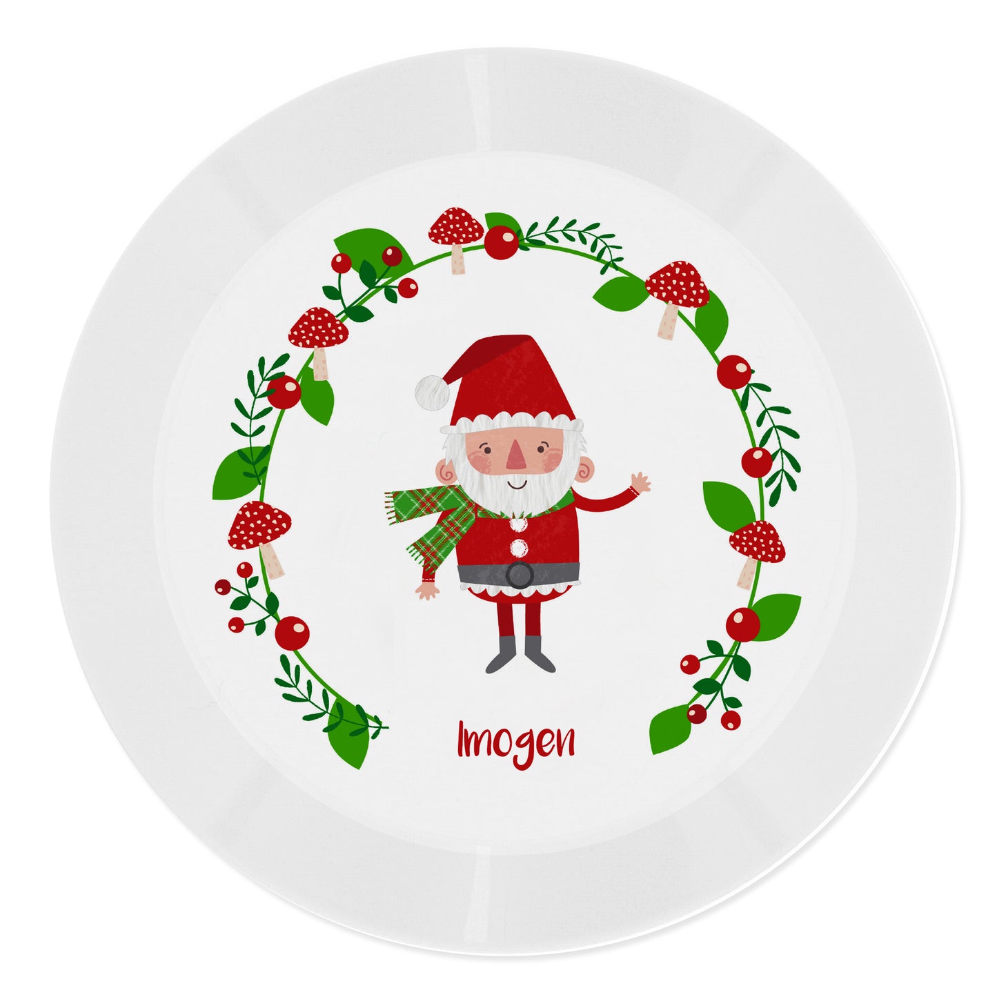 White plate with a Christmas design featuring a cartoon Santa Claus and decorative elements on a white background.