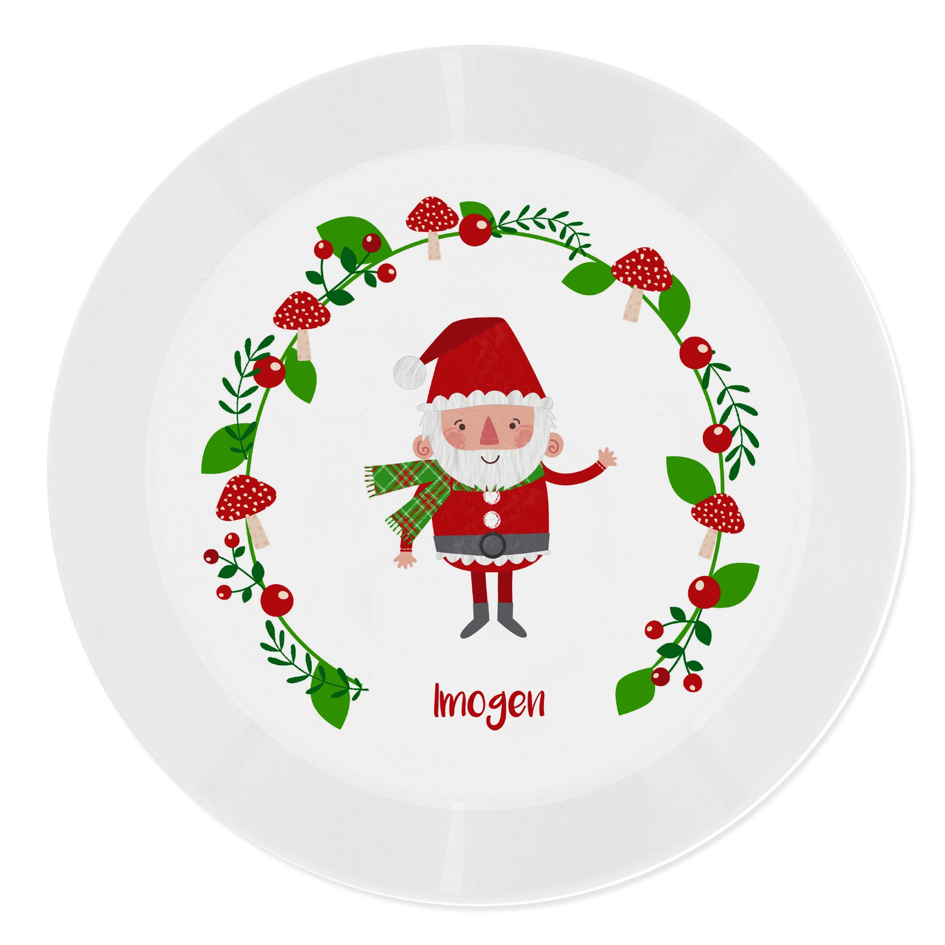 White plate with a Christmas design featuring a cartoon Santa Claus and decorative elements on a white background.