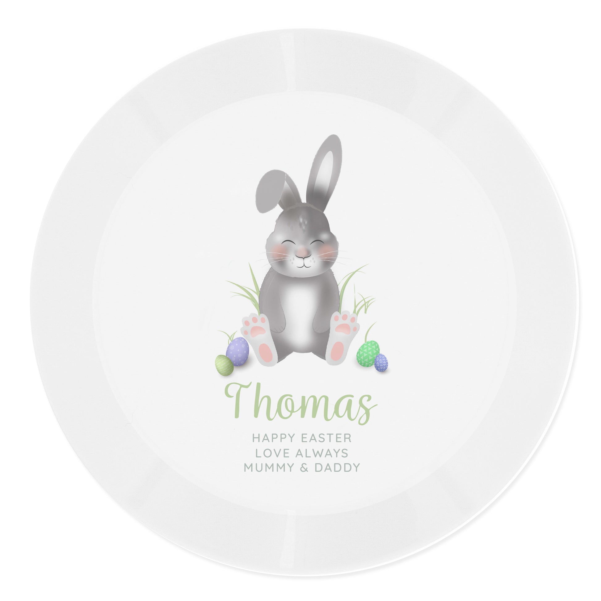 White plate with a silver rabbit illustration and personalised text on a white background