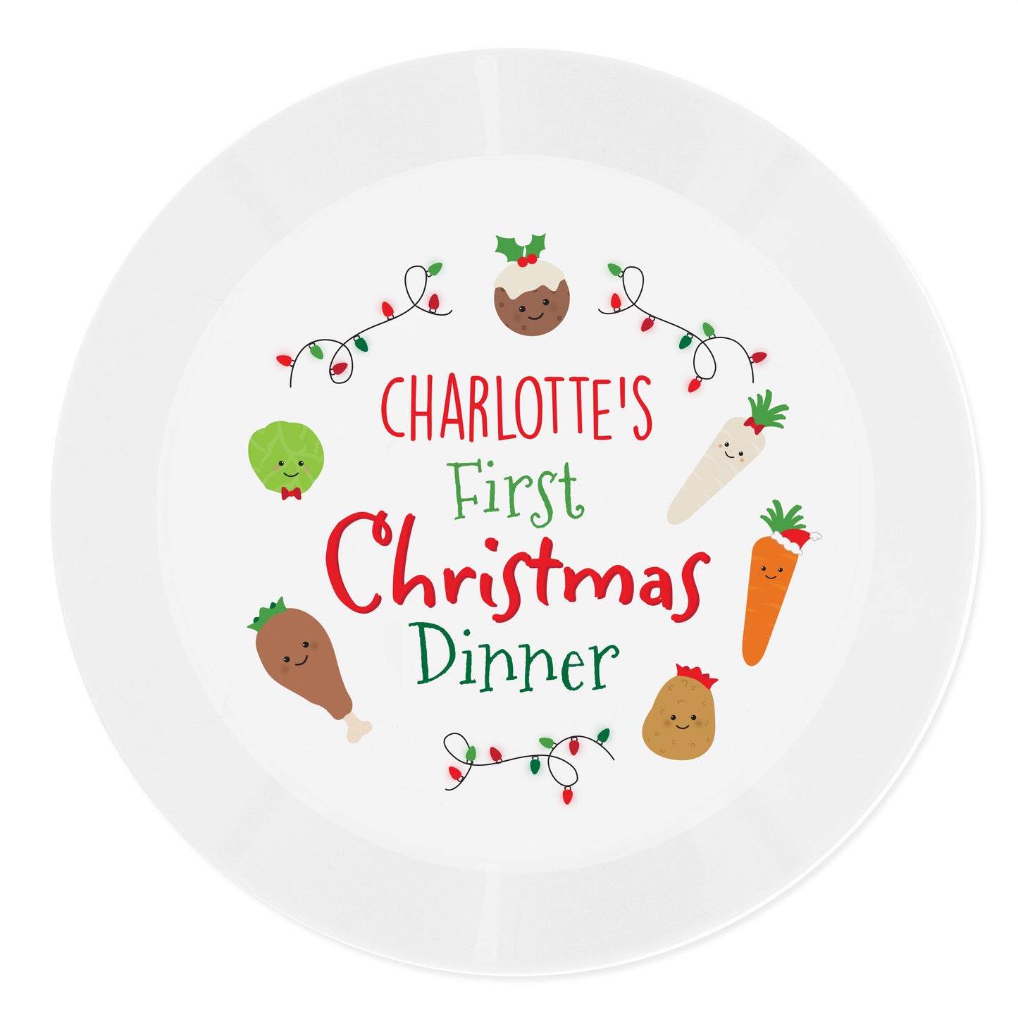 White plate with festive design and text 'Charlotte's First Christmas Dinner' on a white background