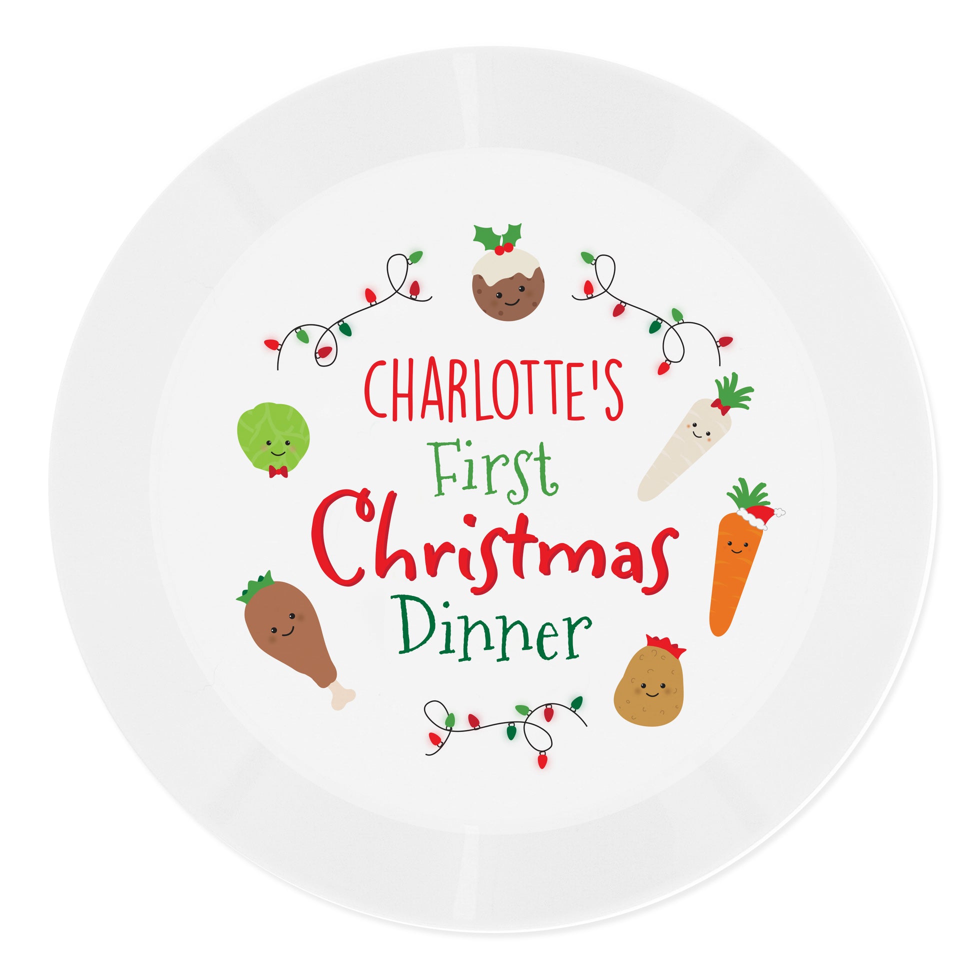 White plate with festive design and text 'Charlotte's First Christmas Dinner' on a white background