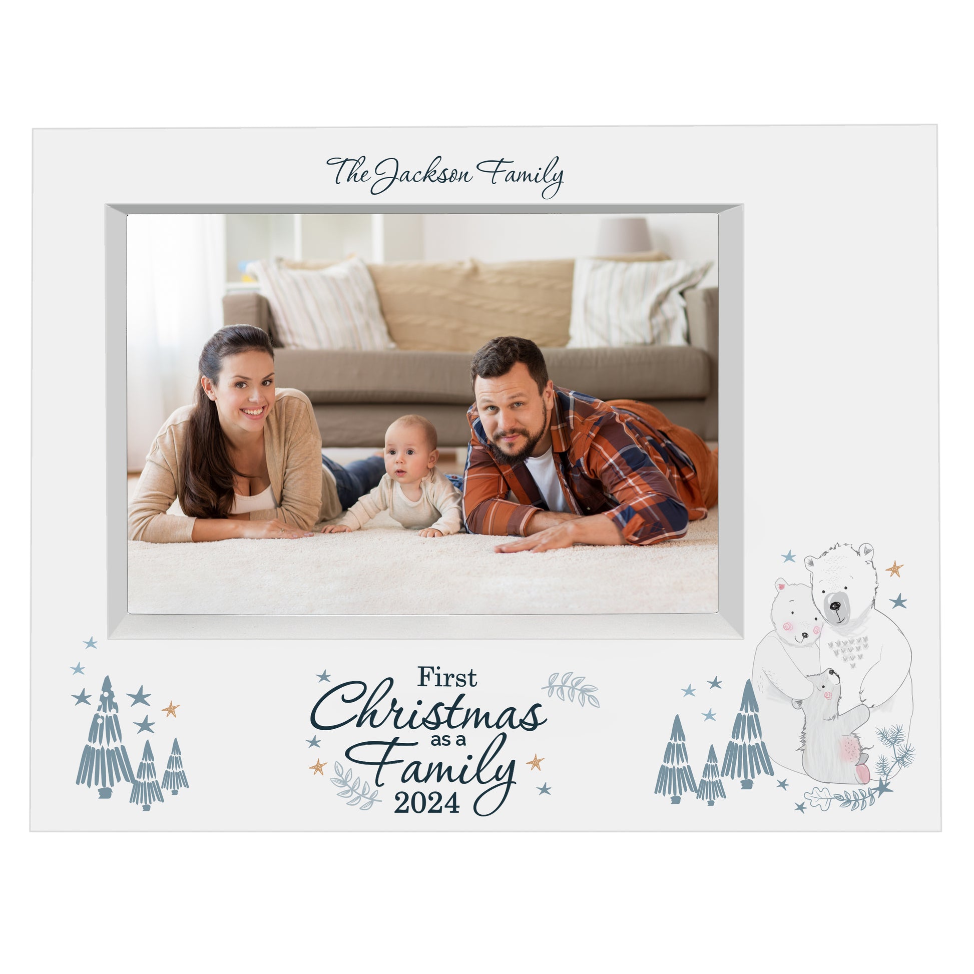 Personalised photo frame with a family of three and the text 'First Christmas as a Family 2024'.