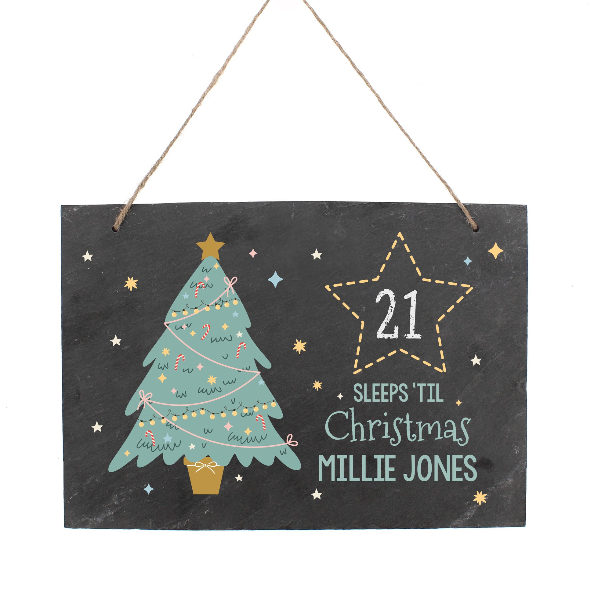 Decorative Christmas countdown sign with a tree and star, featuring the name 'Millie Jones'.