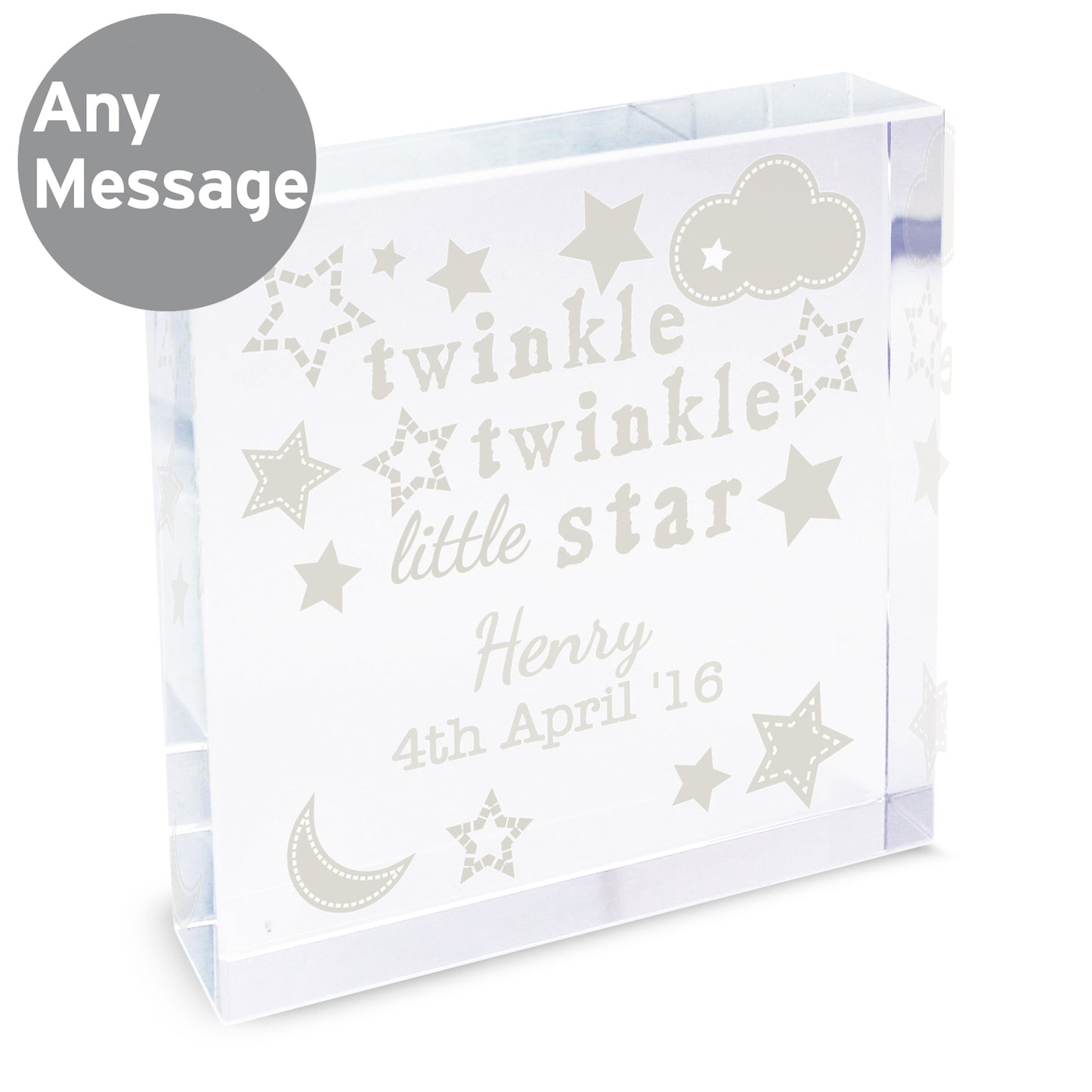 Personalised glass block with 'twinkle twinkle little star' design and customizable text on a white background.