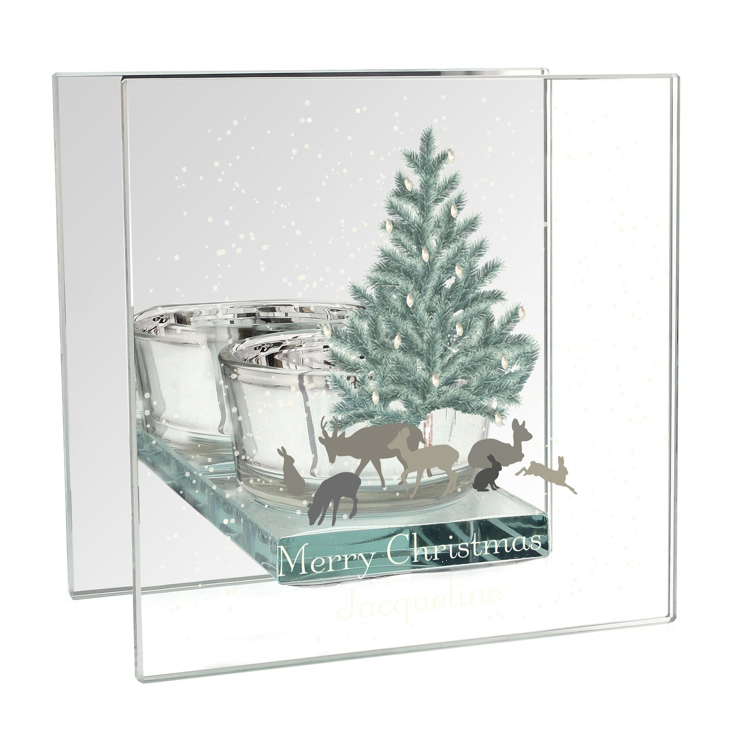 Festive card with Christmas tree, reindeer, and candles on a white background