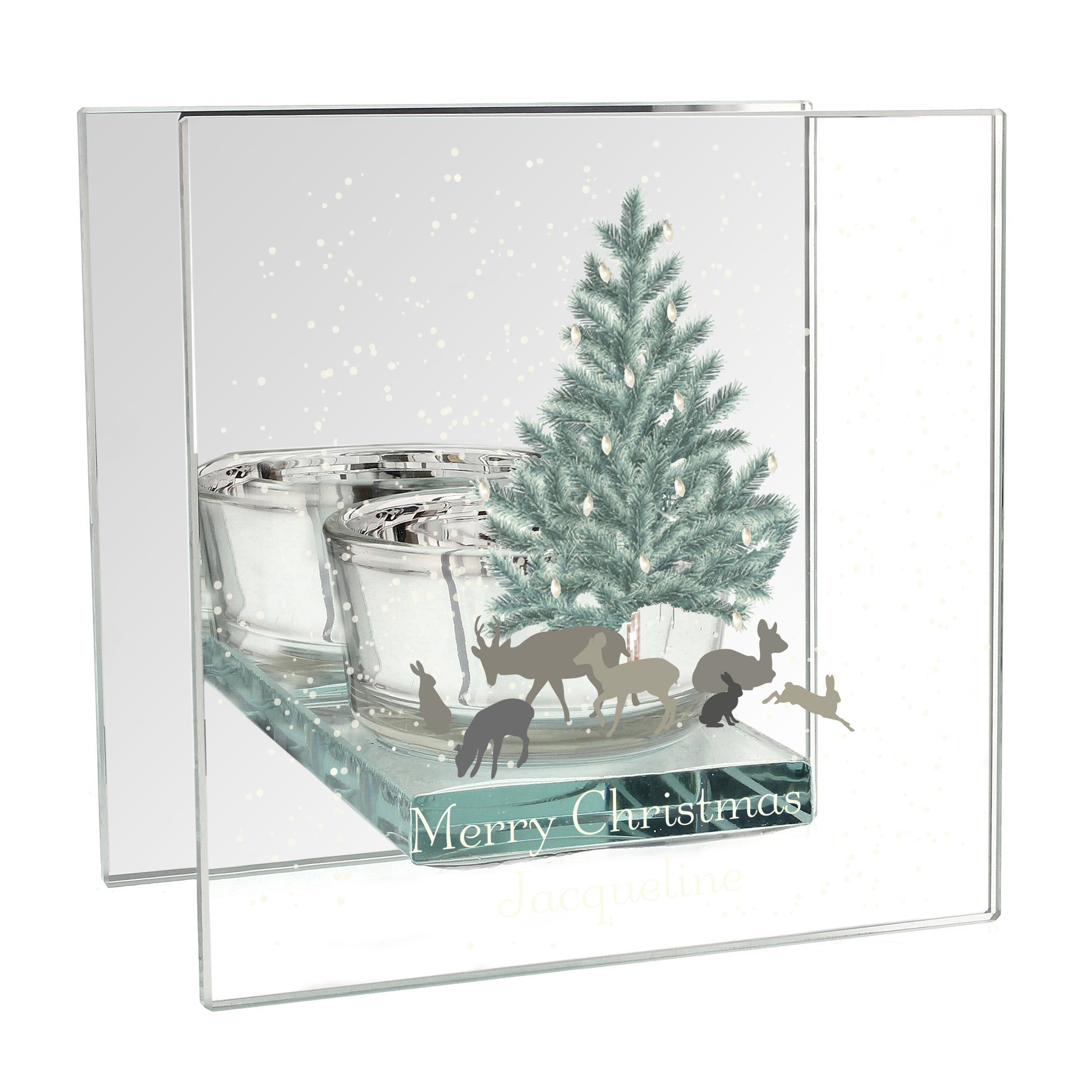Festive card with Christmas tree, reindeer, and candles on a white background
