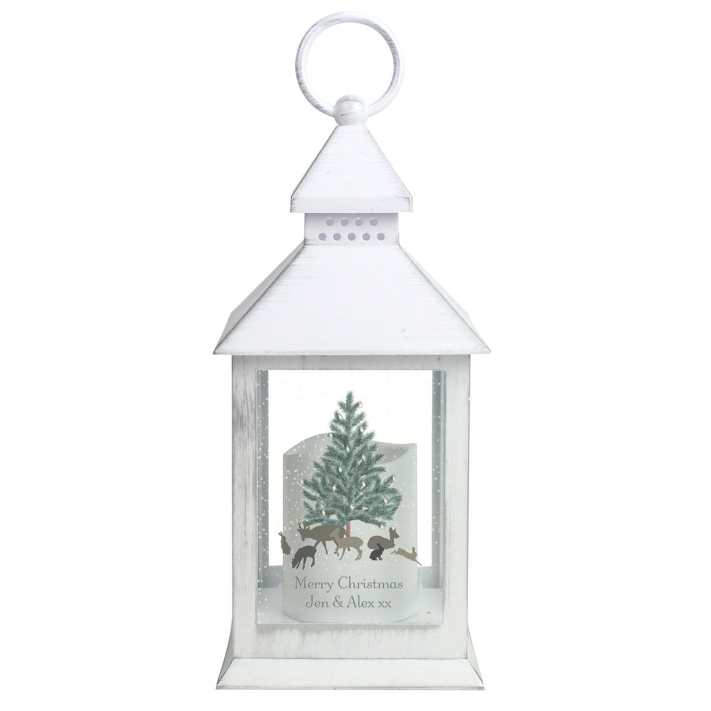 Personalised White lantern with Christmas design featuring a tree and reindeer on a white background