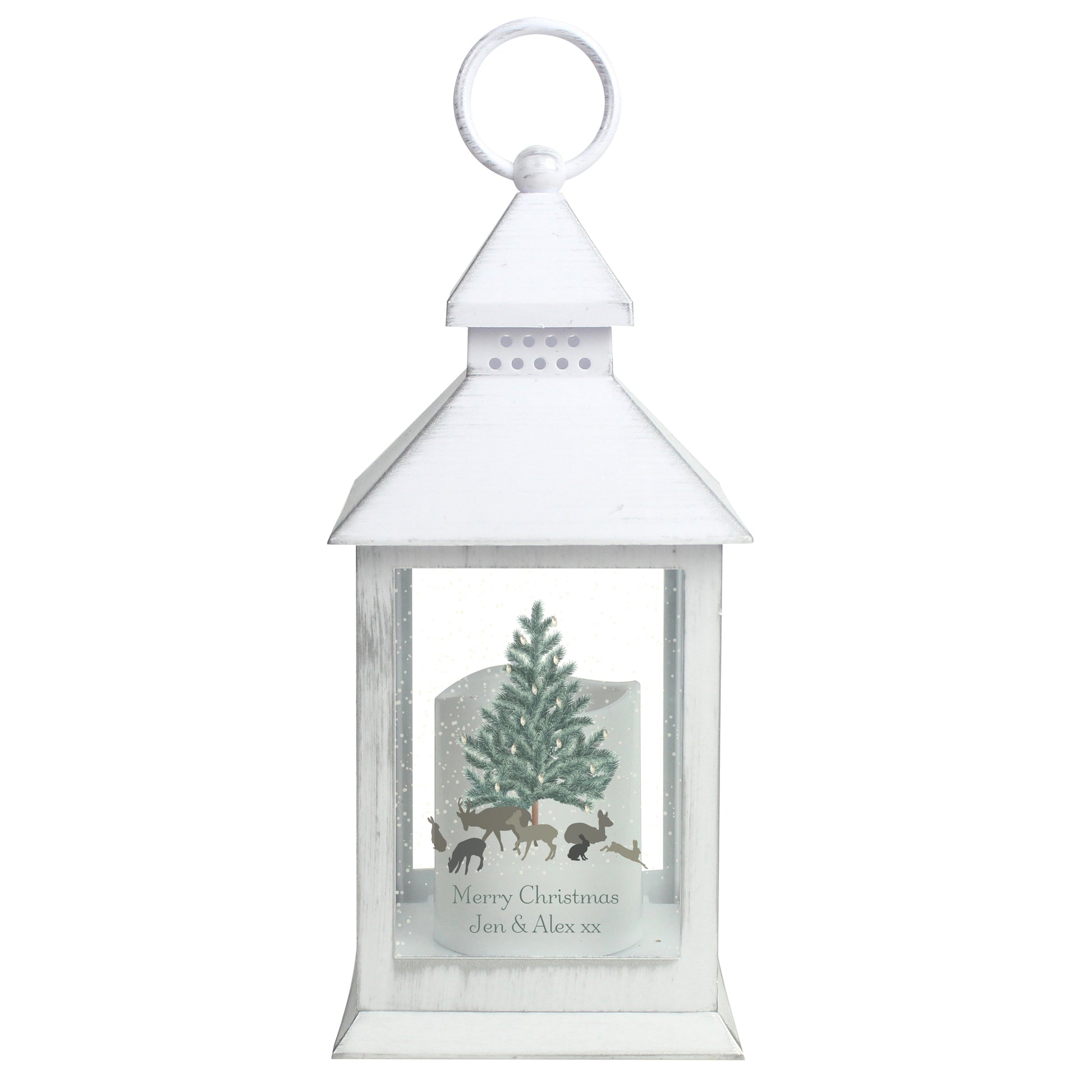 Personalised White lantern with Christmas design featuring a tree and reindeer on a white background