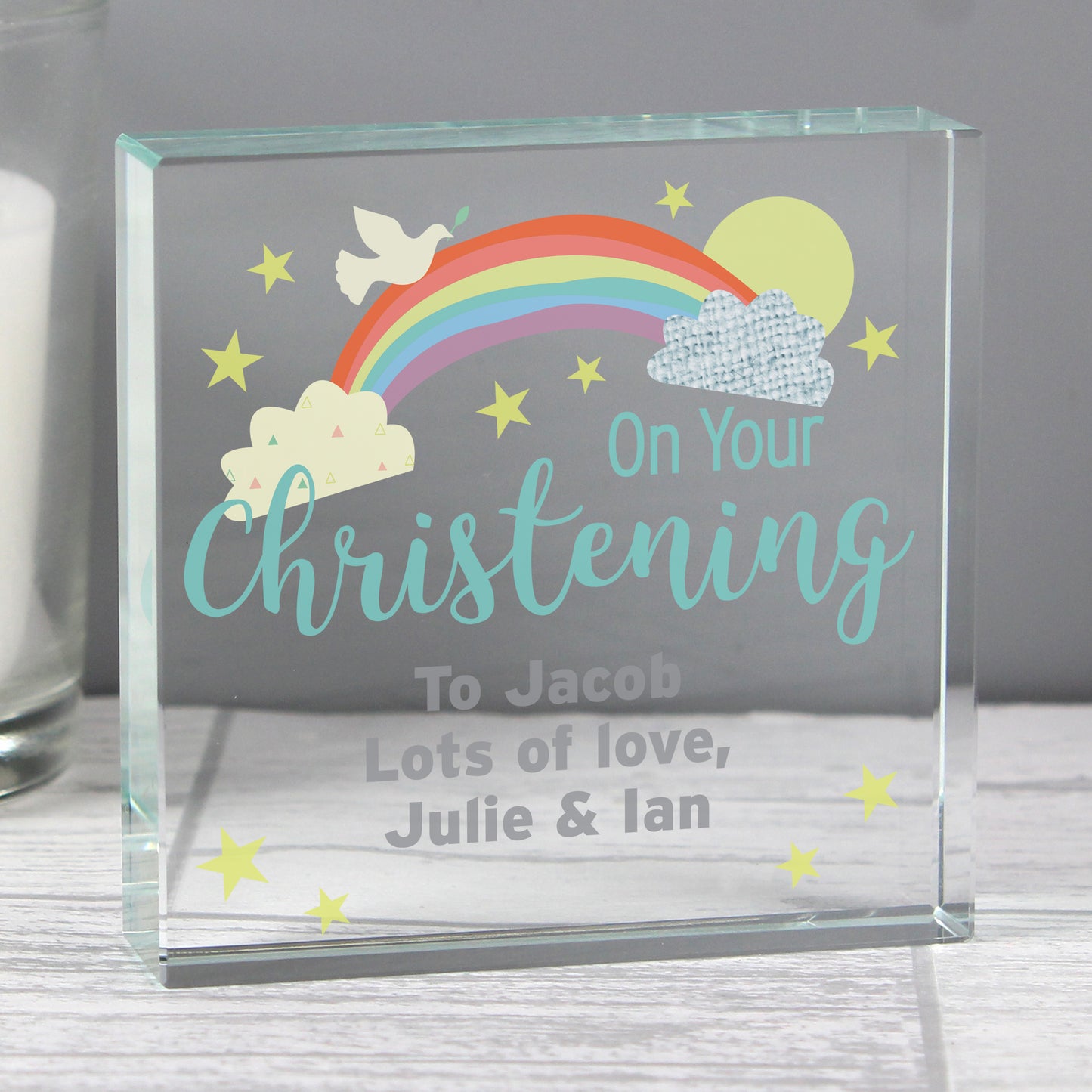Glass block with rainbow and cloud design, personalised for a christening