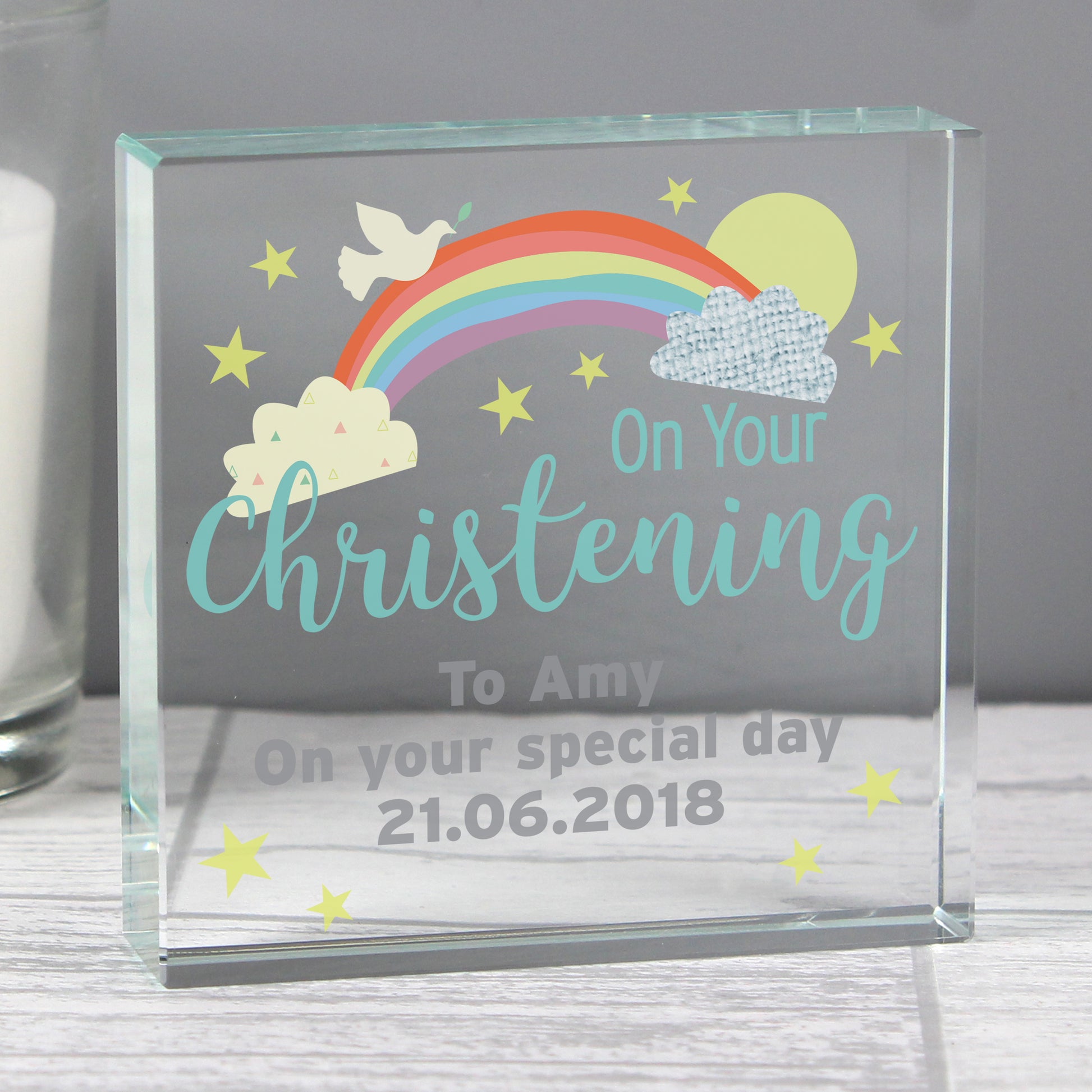 Glass block with rainbow and cloud design, personalised for a christening