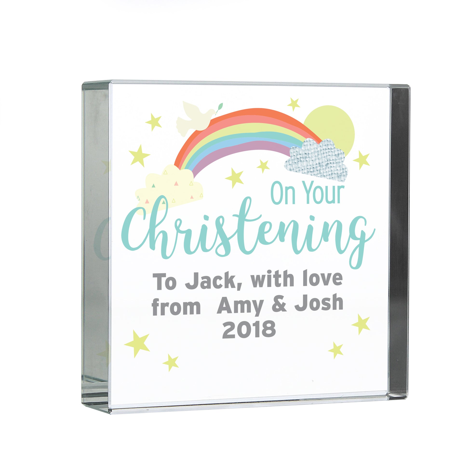Personalised christening block with rainbow and stars design on a white background