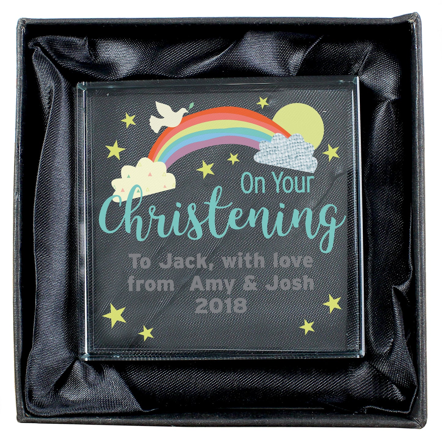 Decorative plaque with rainbow and cloud design, text 'On Your Christening' in a black box.
