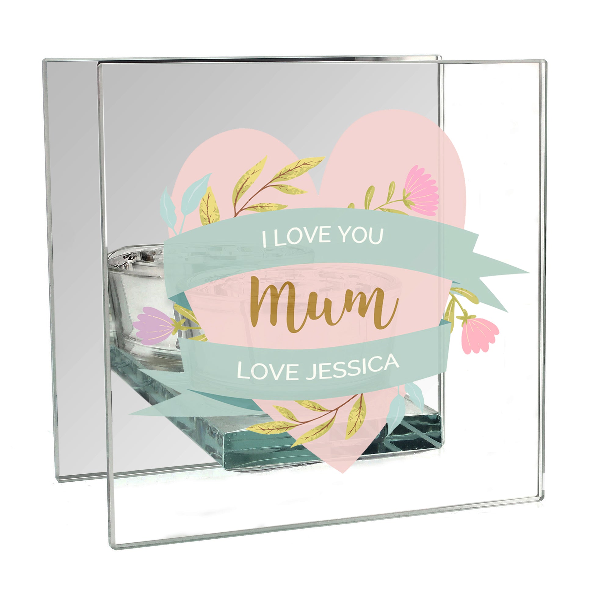 Candle in a clear container with 'I Love You Mum' text and floral design.