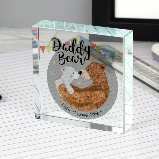 Personalised Glass block with 'Daddy Bear' design and text on a white surface
