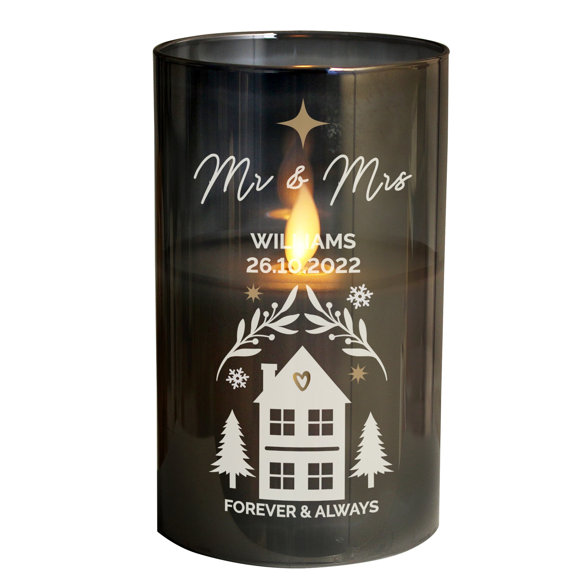 Cylindrical black candle holder with 'Mr & Mrs' and house design, featuring personalised text.