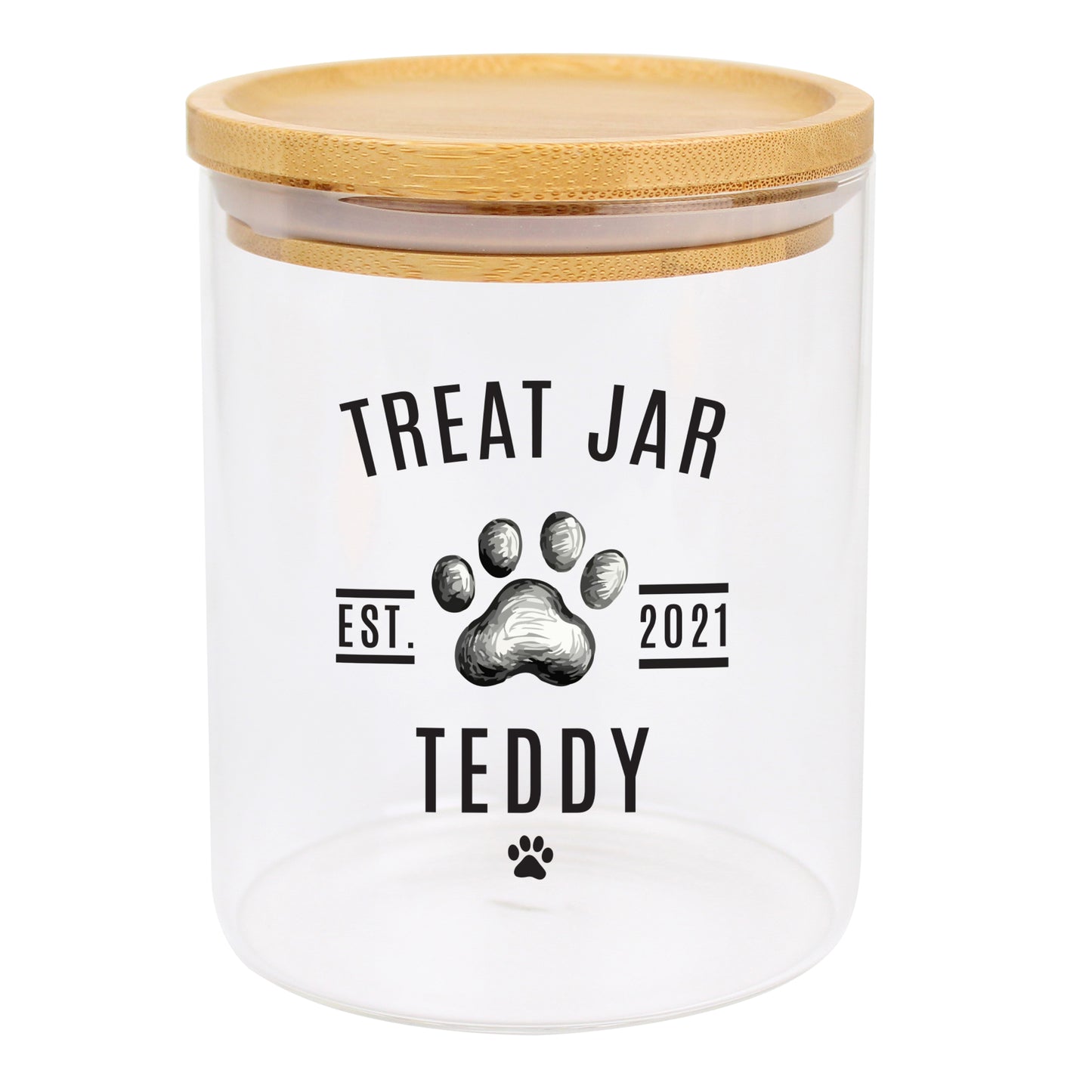 Clear treat jar with wooden lid and personalised text on a white background