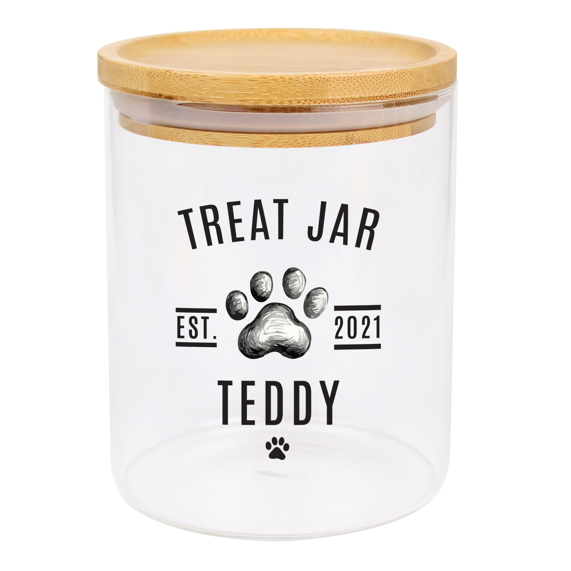 Clear treat jar with wooden lid and personalised text on a white background