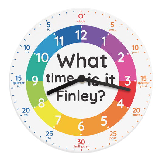 Personalised Colourful clock with text 'What time is it Finley?' on a white background