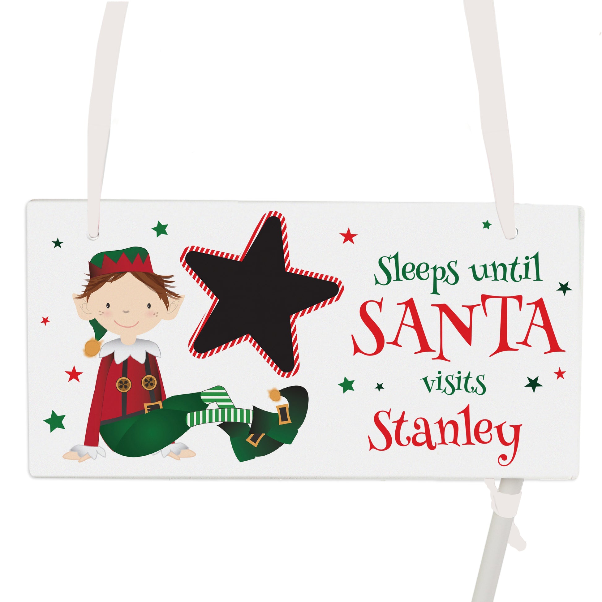 Christmas countdown sign with elf design and customisable name on a white background