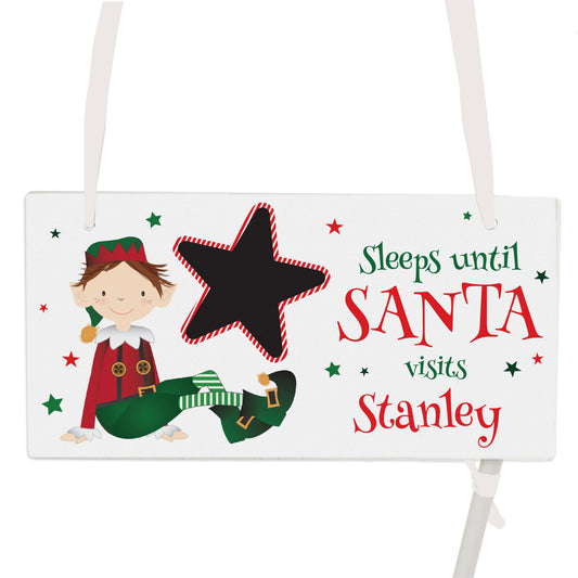 Christmas countdown sign with elf design and customisable name on a white background