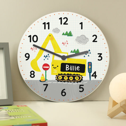 Personalised Children's wall clock with a cartoon excavator design on a neutral background
