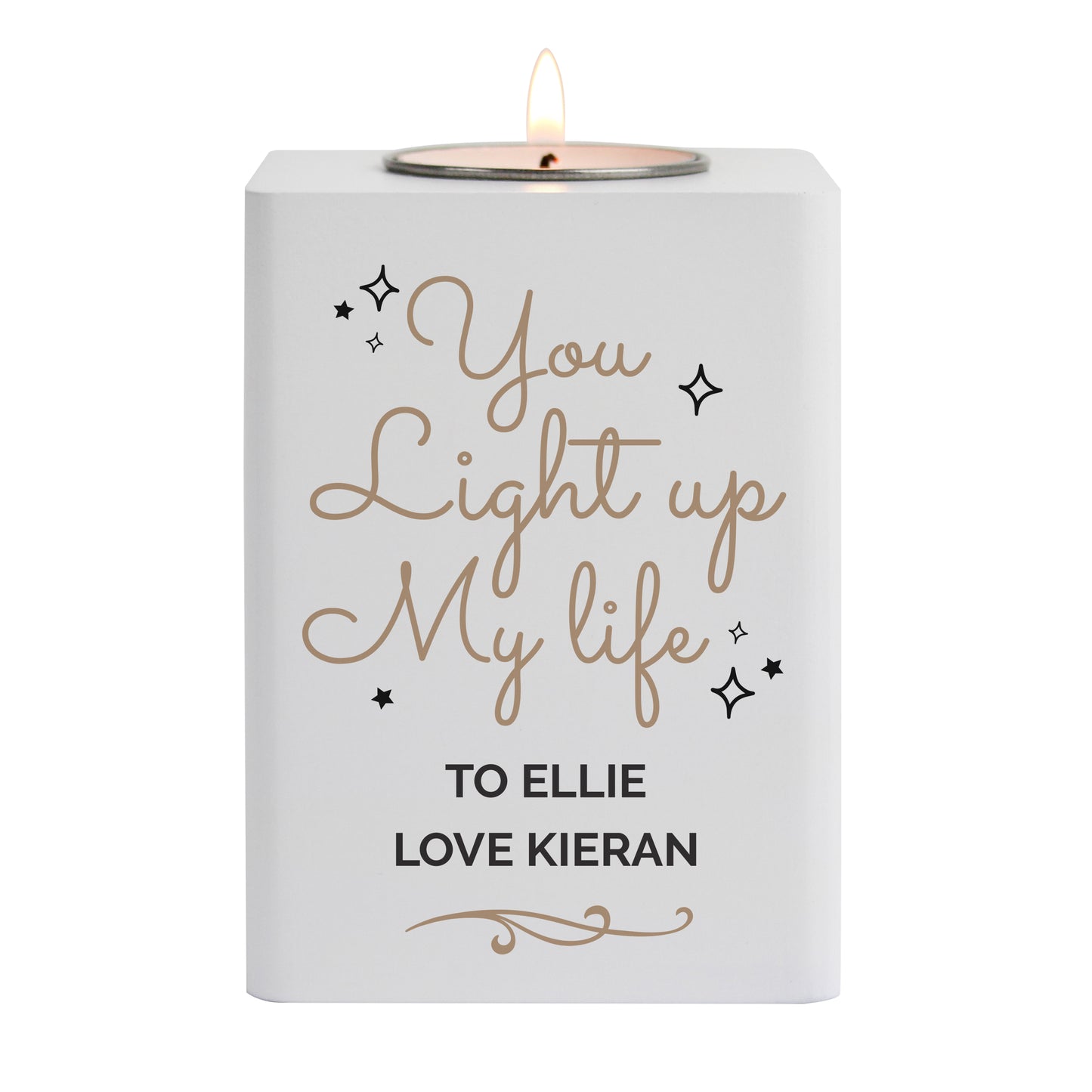 White candle with gold text 'You Light up My life' and personalised name on a white background