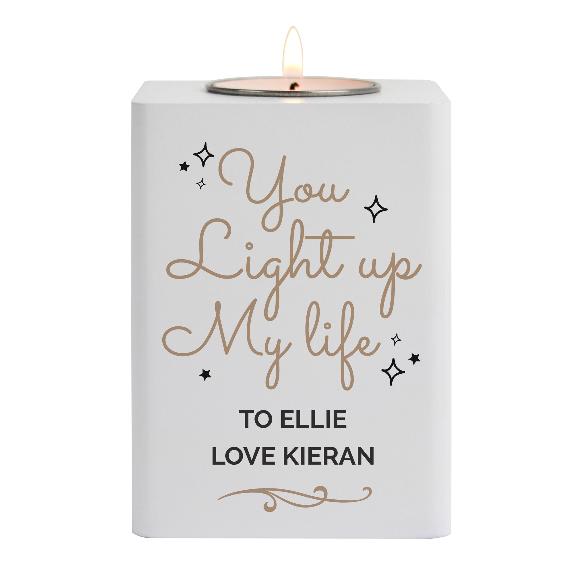 White candle with gold text 'You Light up My life' and personalised name on a white background