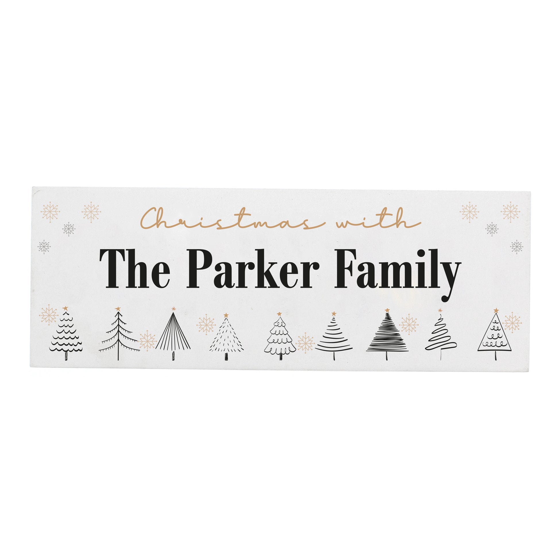 Decorative sign with 'Christmas with The Parker Family' text and Christmas tree illustrations on a white background.
