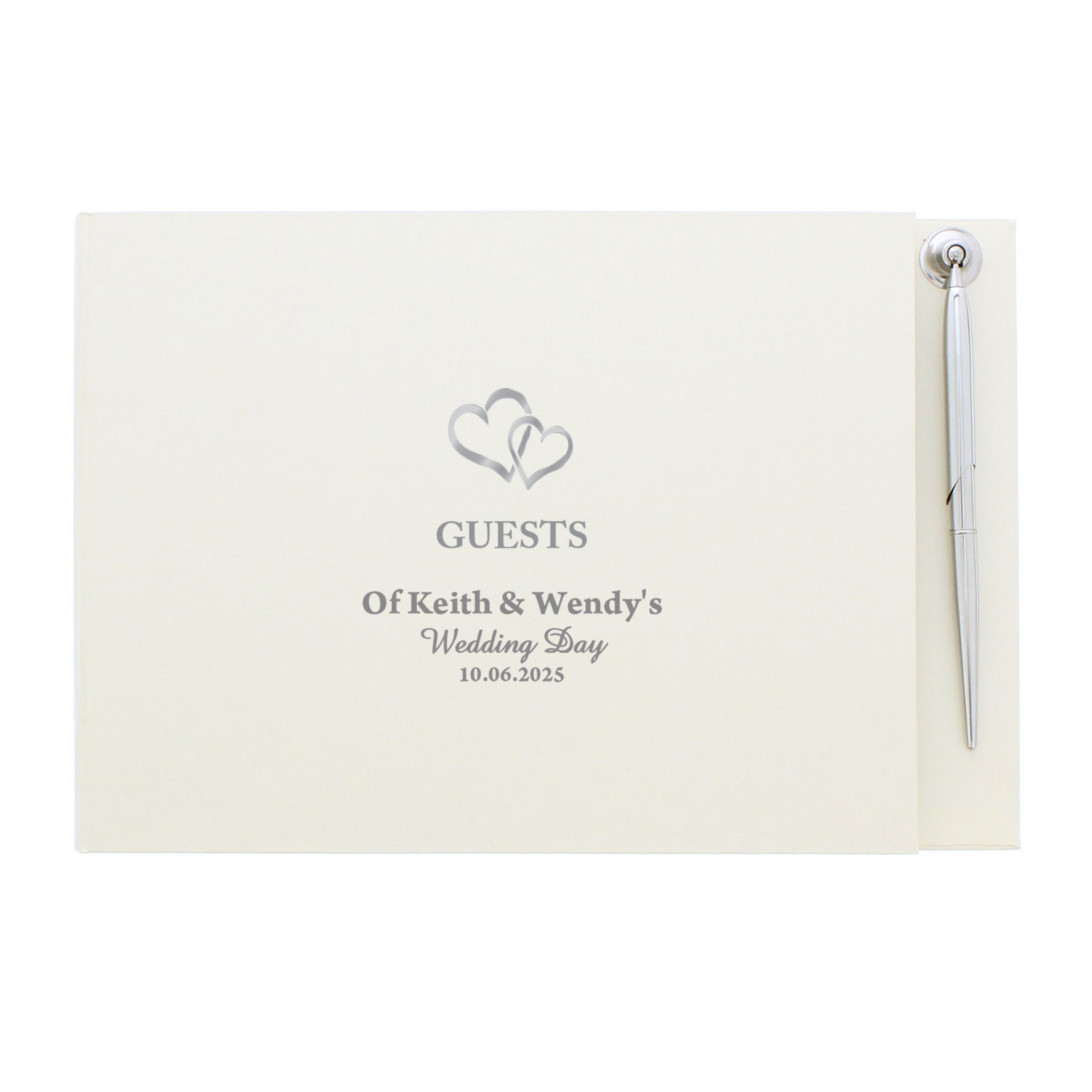 White wedding guest book with pen on a white background