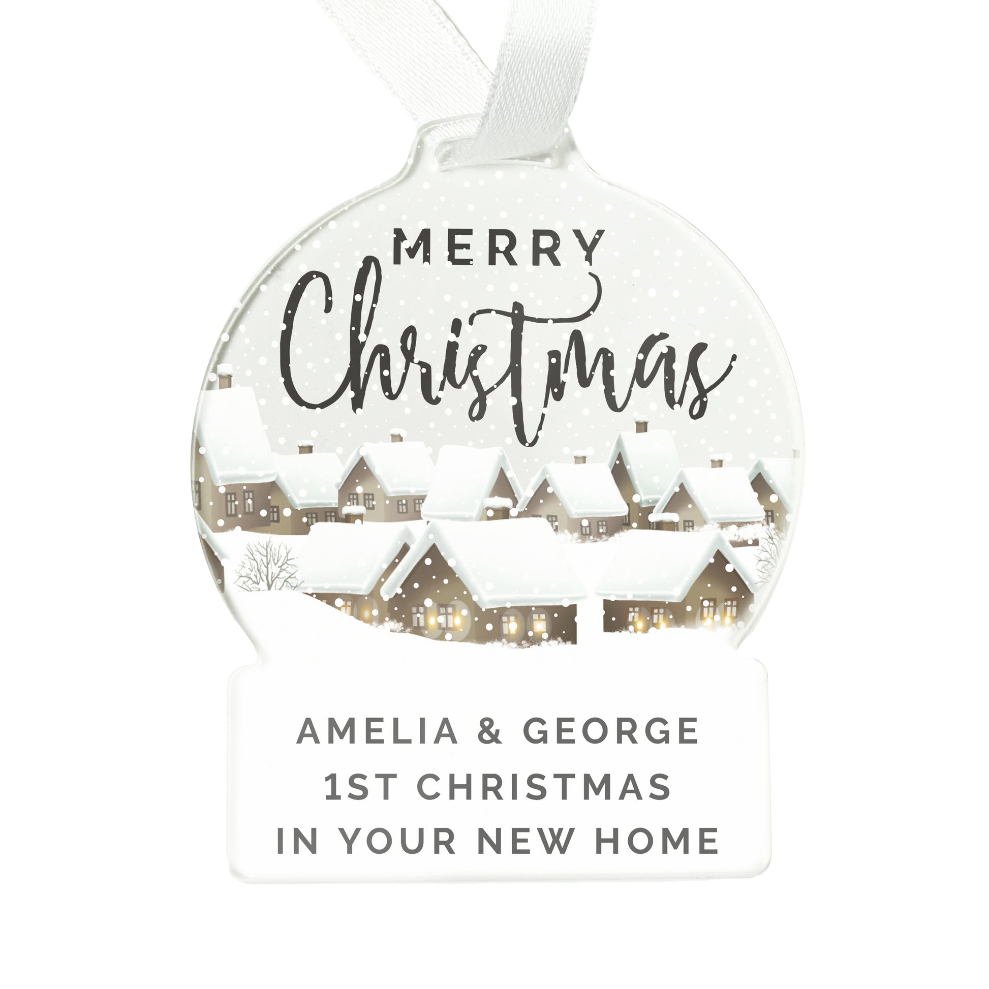 Christmas ornament with 'Merry Christmas' and a snowy village scene, personalized for 'Amelia & George'.