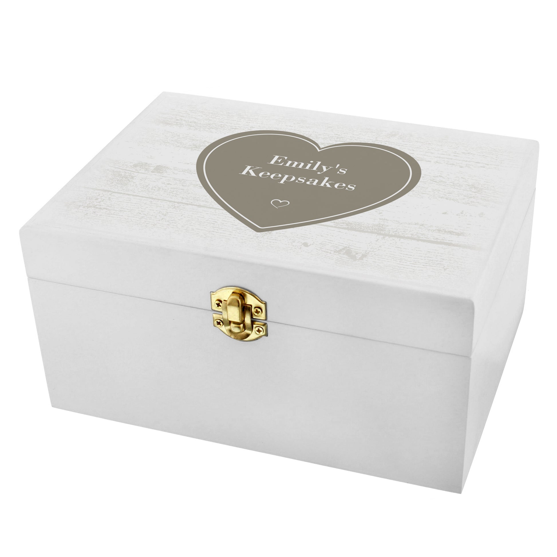 White jewelry box with gold latch and 'Emily's Keepsakes' engraving on a white background