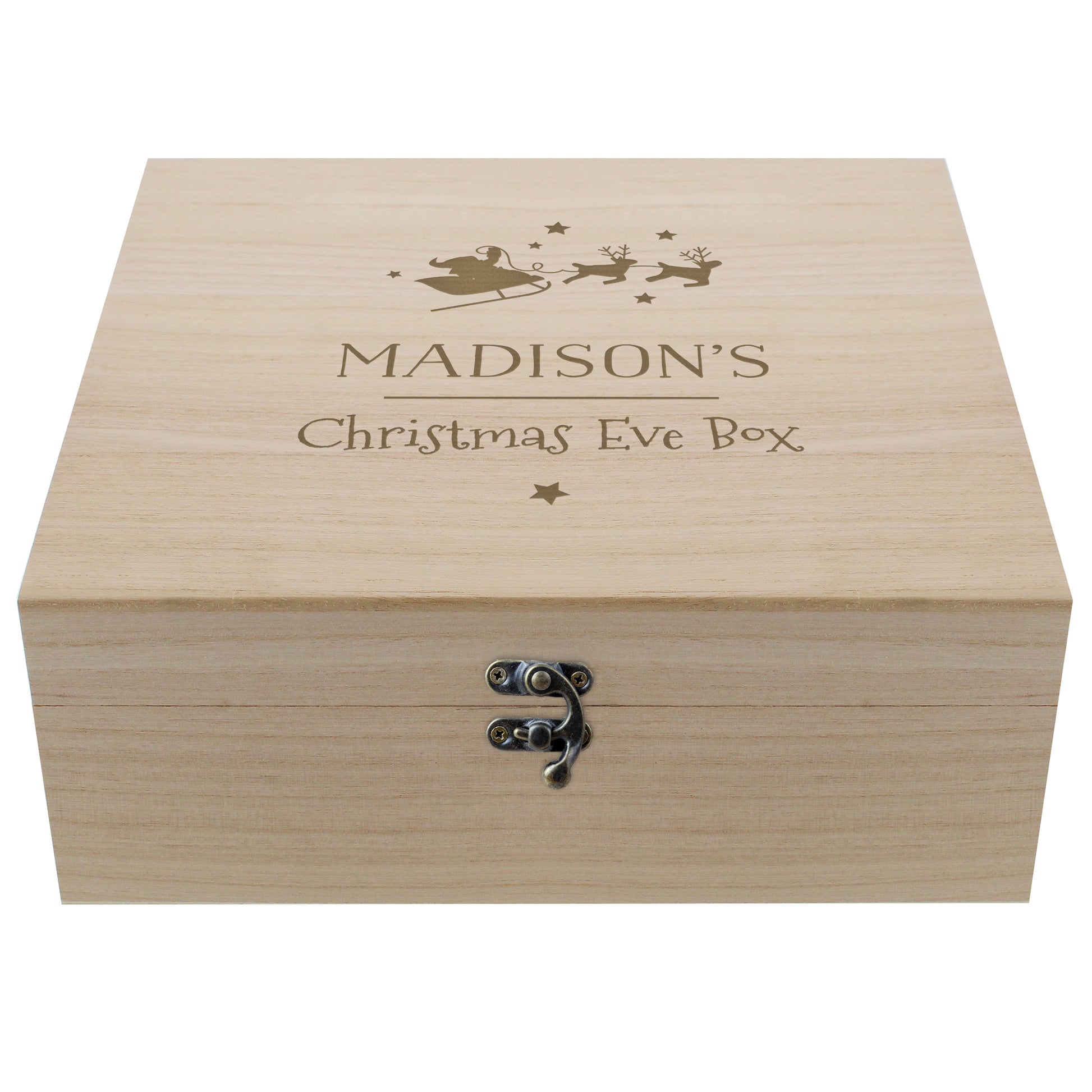 Wooden Christmas Eve box with engraved text and decorative elements on a white background