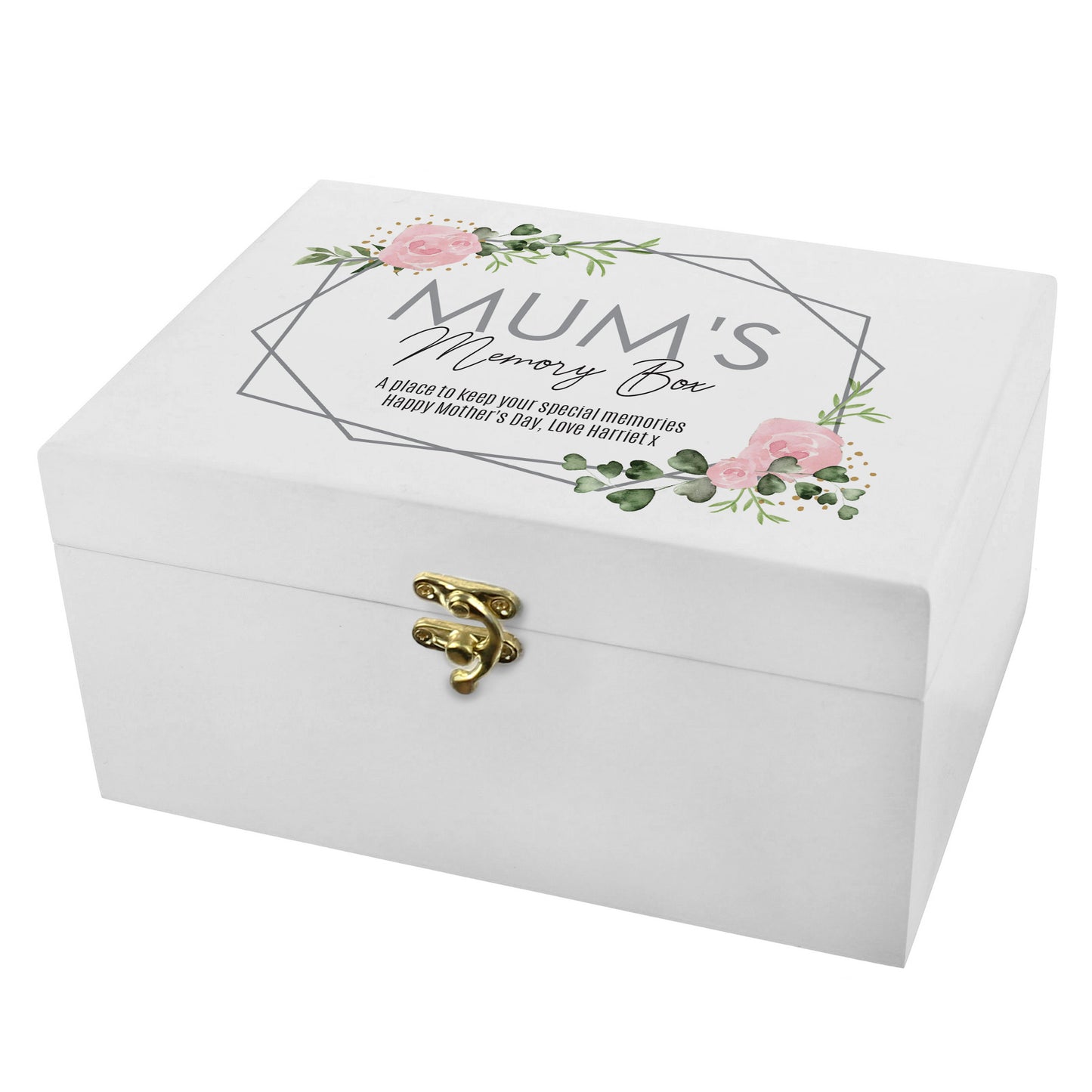 White memory box with floral design and text on a white background