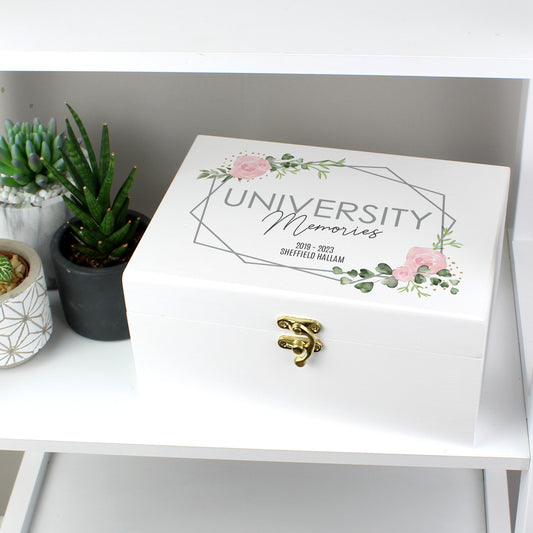 Personalised White box with 'University Memories' design on a white surface with plants.