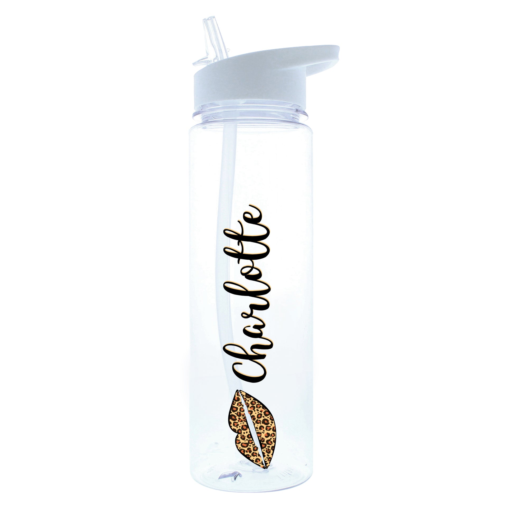 Clear water bottle with 'Charlotte' and leopard print design on a white background