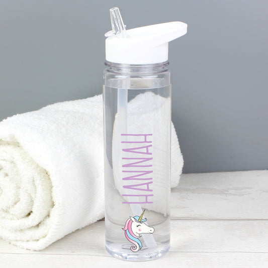 Personalised Clear water bottle with 'HANNAH' and unicorn design on a grey background
