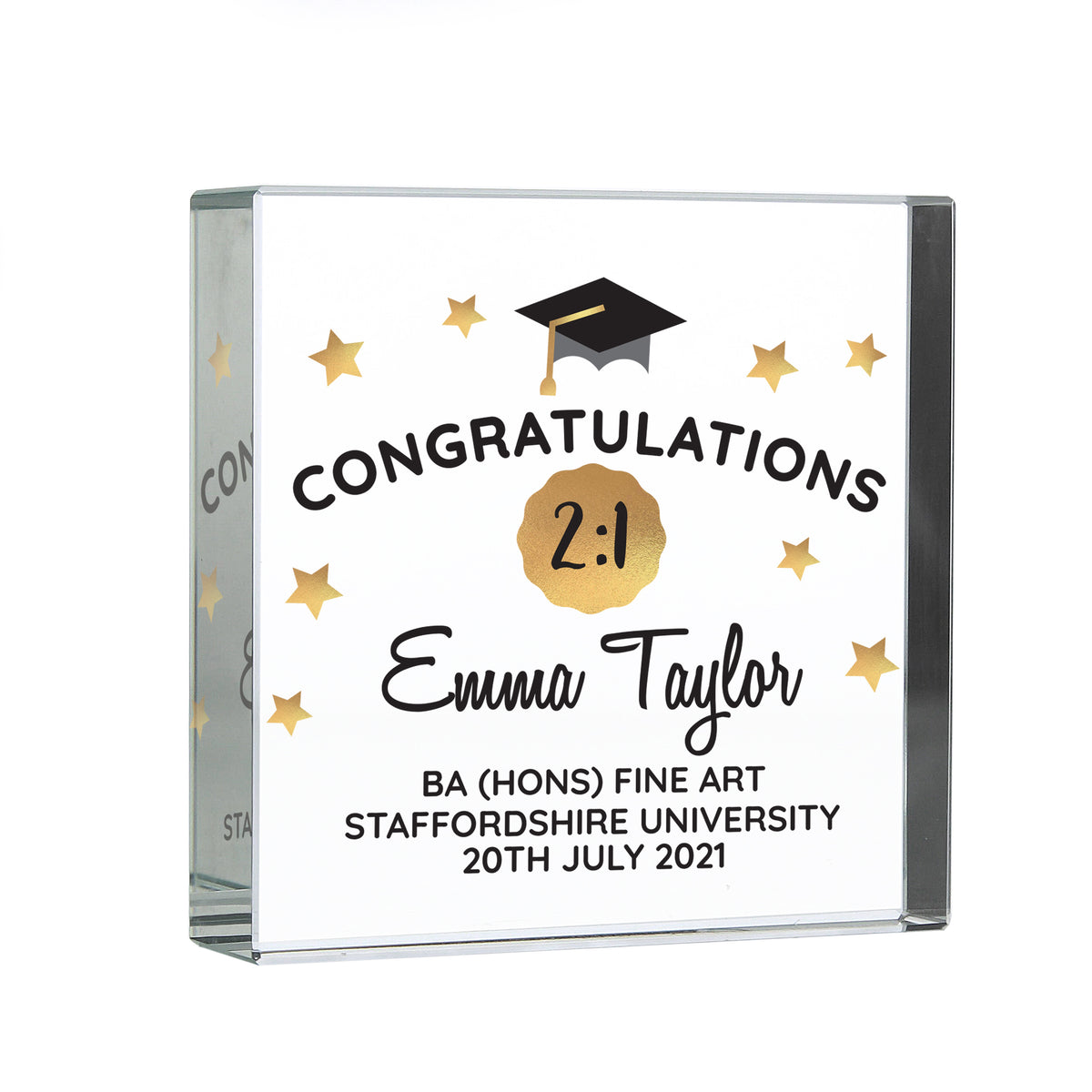 Graduation-themed crystal block with personalised text on a white background
