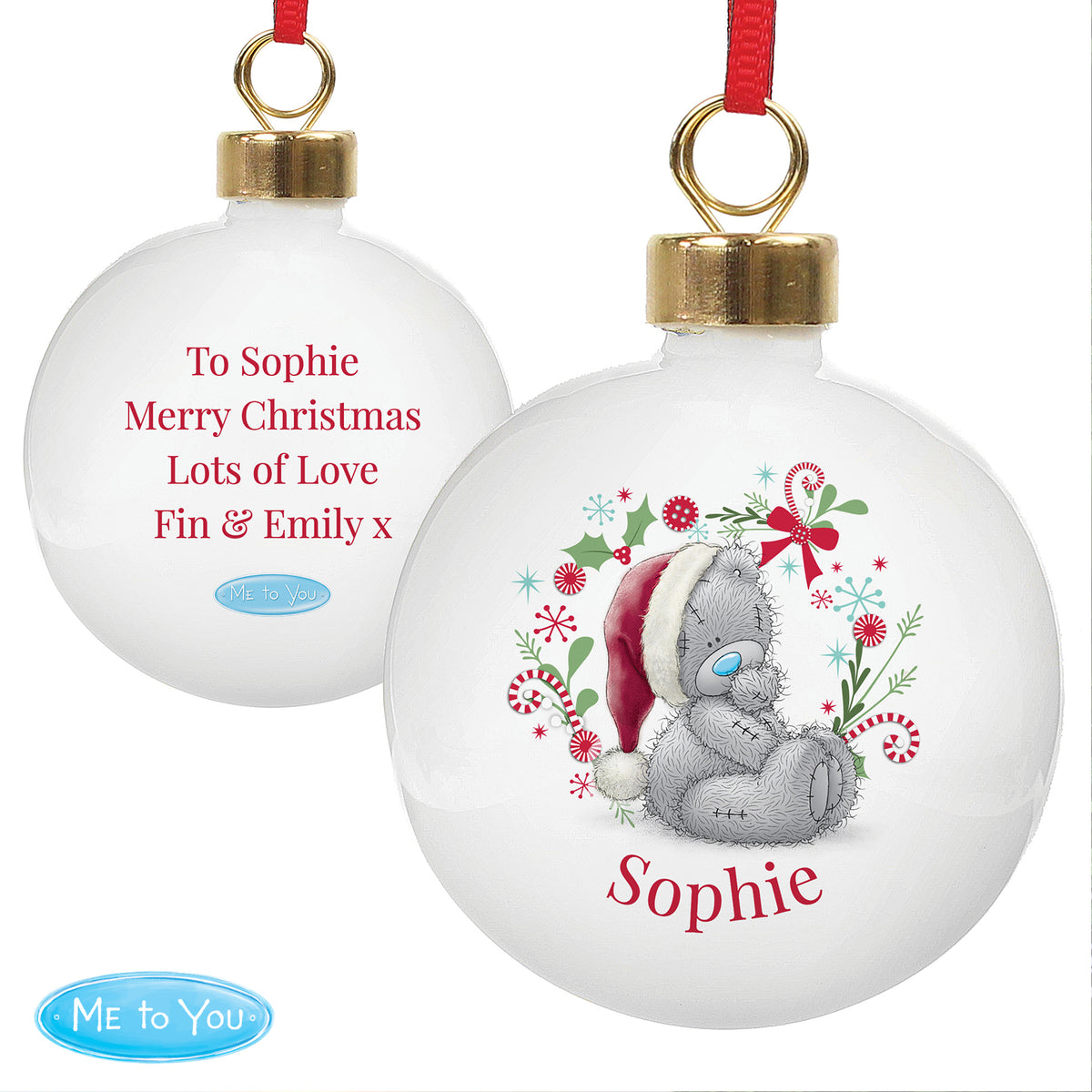 Two Christmas ornaments with a teddy bear design and personalised text on a white background.