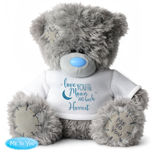 Grey Me To You teddy bear wearing a white shirt with personalised text, on a white background