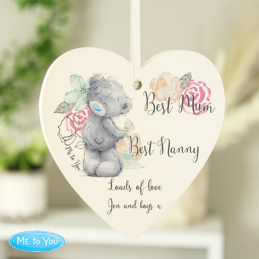 Personalised Heart-shaped hanging plaque with a teddy bear design and text, featuring the brand 'Me to You'.